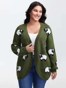 【 Oversized】 Bloomchic Flocked Lamb Curvy Hem Jacquard-Knit Cardigan in Moss Color with Animal Prints and Kimono Collar Loose Fit Long Sleeve Knitwear Womenswear