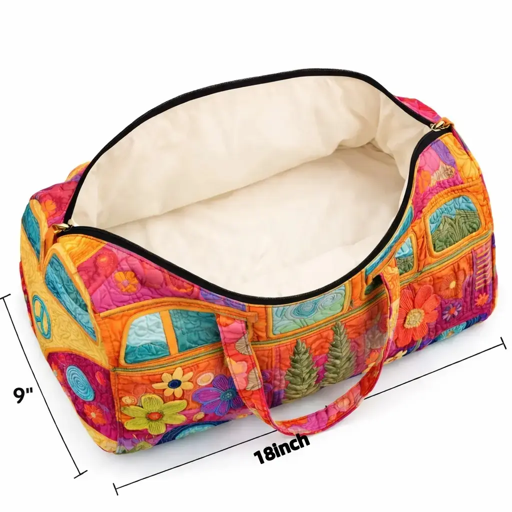 Women's Boho Quilted Duffel Bag - Vintage Hippie Van Floral, Large Capacity Travel Weekender Tote, Lightweight Aesthetic Carry-On Luggage, Sporty Gym Bag for Beach Days, Travel Bag tiktokshopbacktoschool