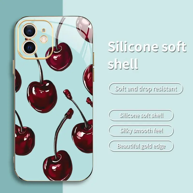 Vintage Cherry Coquette Phone Case, Glossy Dark Fruit Aesthetic, Gold Edges, Soft Cover for iPhone 11–975