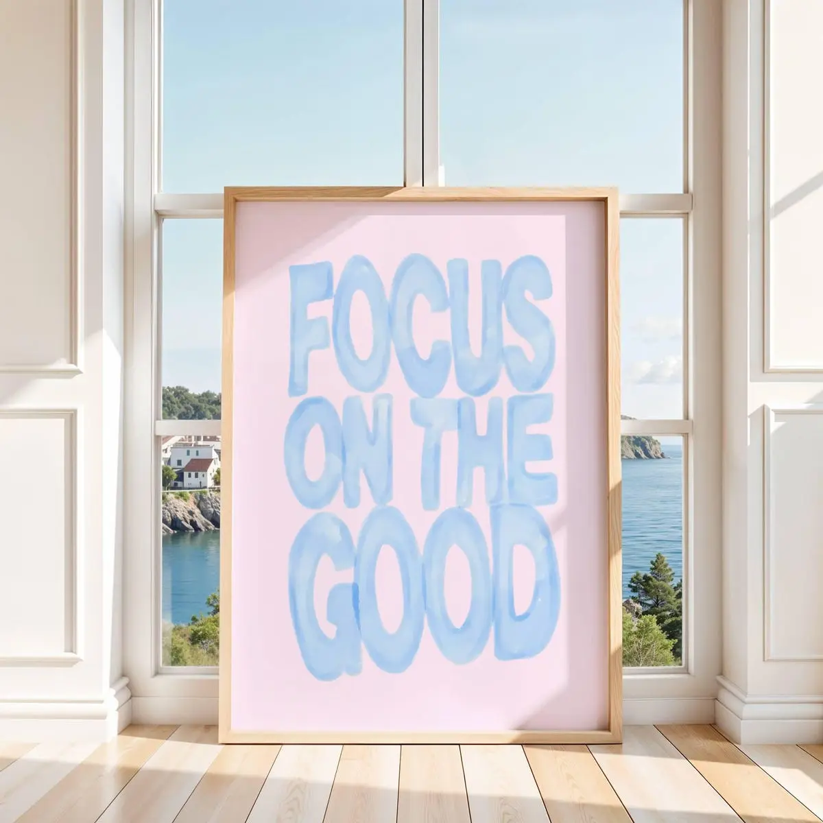 Focus on the Good Print – Blue and Pink Wall Art, Positive Quote , Girly Dorm Room Decor, Poster Unframed, 5 Sizes (8x12–27x40 inch)