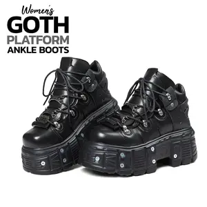 Womens Ankle Boots Round Toe Chunky Block High Heel Lace Up Metal Studs Fashion Retro Punk Rock Goth Combat Street Style Casual Party Rave Concert Club Event Motorcycle Comfortable Shoes