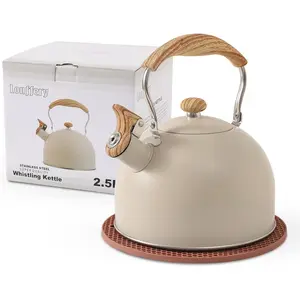 LONFFERY Tea Kettle for Stove Top, 2.5 Quart Whistling Tea Kettle, with Food Grade Stainless Steel and Wood Pattern Folding Handle, Creamy White Drinkware Jugs