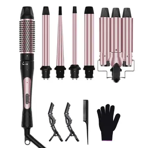6 in 1 Wand Curling Iron Set, 3 Barrel Curling Wand Set with Thermal Brush (1.5") and 5 Interchangeable Ceramic Hair Wand Curler (0.35"-1.25"), Home Travel Multi Curl, 2 Temp 30S Instant Heat Up for Gifts for Women