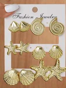 6 Pairs Set Ocean Style Shell and Starfish Stud Earrings Retro Gold with Niche Design Sense