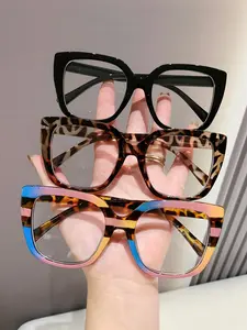 3 Pcs Large Frame Leopard Print Blue Light Blocking Glasses, Square Frame, Boho Style, Unisex, Daily Use, Fashion Accessory