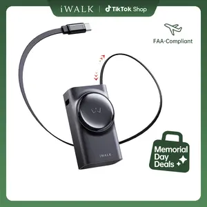 iWALK 10000mAh 30W Compact Portable Power Bank Charger, Mobile Smartphone Accessories with Retractable USB-C Cable, USB-A Port, Triple Output, Adjustable Digital LED Display for Fast Charging iPhone 17, Galaxy S25, Outdoor Use