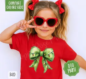 Kids Grinchy Bow Shirt Comfort Colors, Holiday Kids Tee