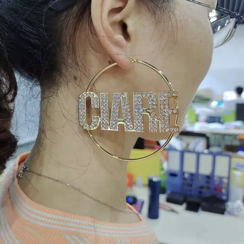 Custom Nameplate Bedazzled Hoop Earrings - Customizable Design
