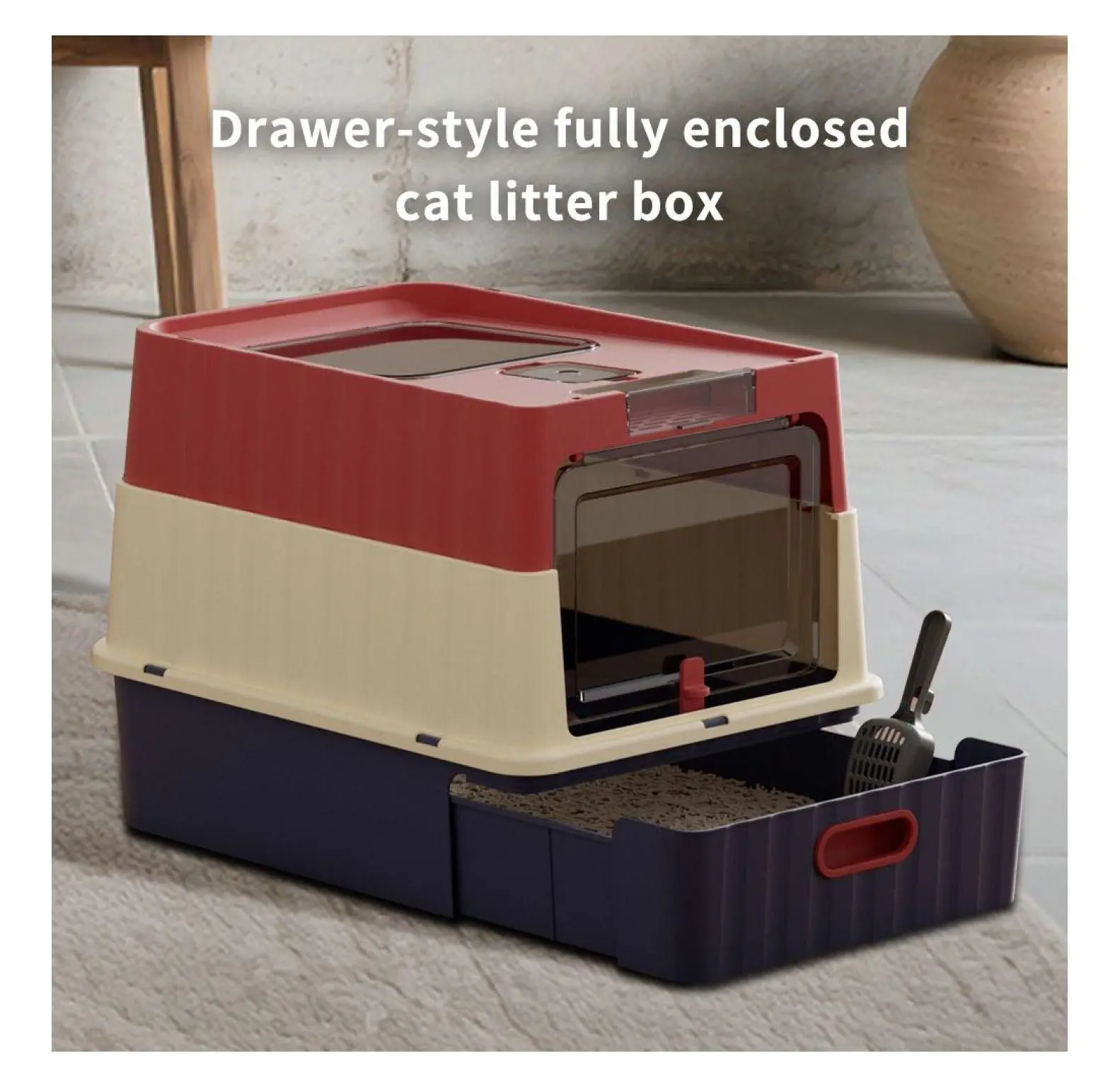 Red Open-Top Plastic Cat Litter Box - Compact Size, 16.5"l x 12.6"w x 6.3"h, Space-Saving, Easy Clean, Easy Access, Odor-Minimizing Durable Indoor Kitten Restroom (Pet Supplies, Cat Furniture)