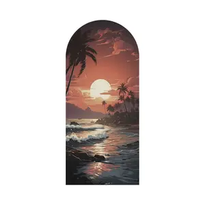 Minimalist Arch Frame Beach Sunset WalStickers, Removable Tropical Palm TreeSunset Decals, Waterproof Nature andscape Mural for Home Office Decoration，Cut in half, 2 sheets per set