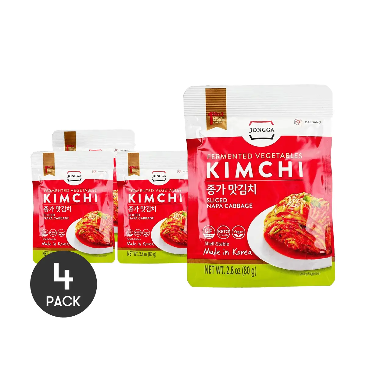 4 Pack Jongga Kimchi Korean Cabbage Kimchi 80g Each - Authentic Spicy Fermented Banchan, Ready to Eat, Gluten-Free, Keto Friendly
