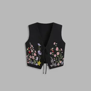 Cider [2 colors, size 2-26] Knit V-neck Floral Embroidery Tie Front Vest