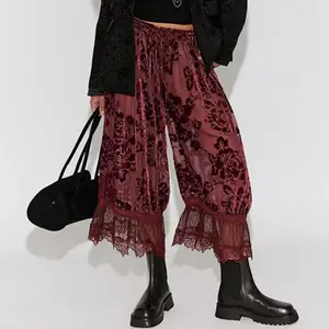 WoodBerry Women's Lace Trim Bloomers Trousers Lightweight Sheer Floral Burnout Casual Lantern Pants Y2k Elastic Waist with Lining to Prevent Exposure