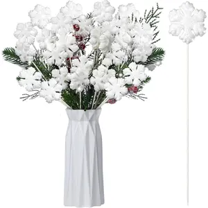 36 Pcs Winter Foam Snowflake Picks Glitter Foam Snowflakes Picks Tree Decor Vase Fillers Glitter Puffy for Snow Christmas Decoration Party Supplies(White)