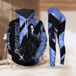 Custom Horror Slasher Hoodie & Leggings Set – Spooky Masked Character Outfit for Women, Personalized Halloween Scary Clothing