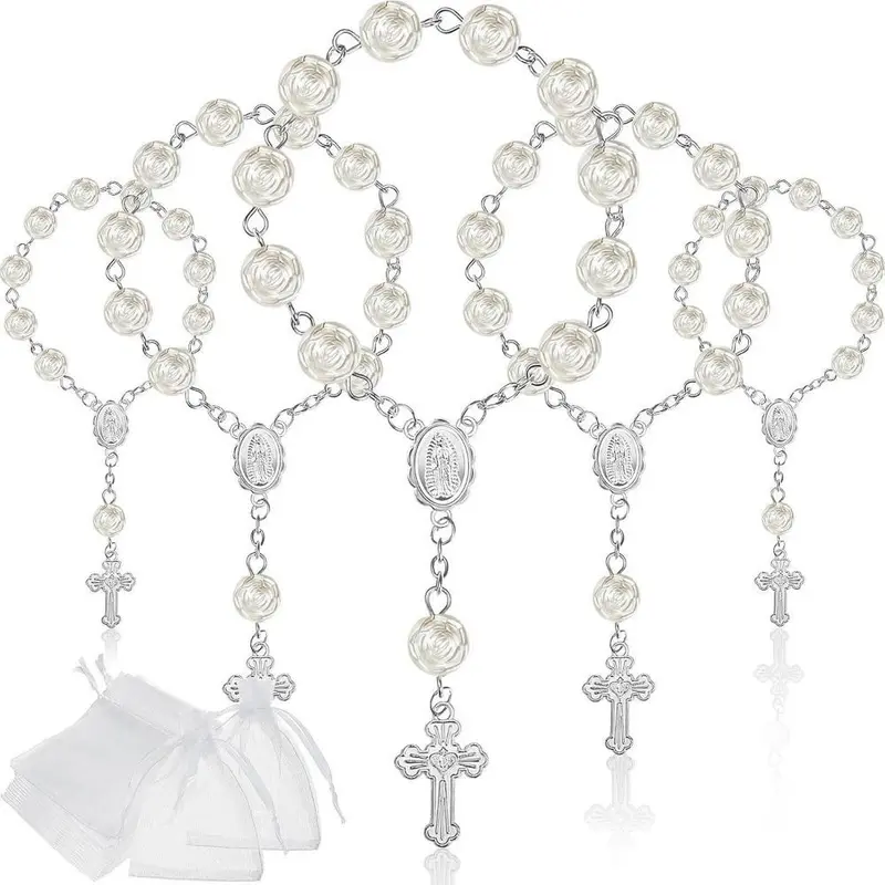 30-Pack Baptism Rosary Acrylic Rosary Beads and 3Pcs Organza Bags, Mini Finger Baptism Rosaries Plated Faux Pearls for Christening Weddings Party Favors