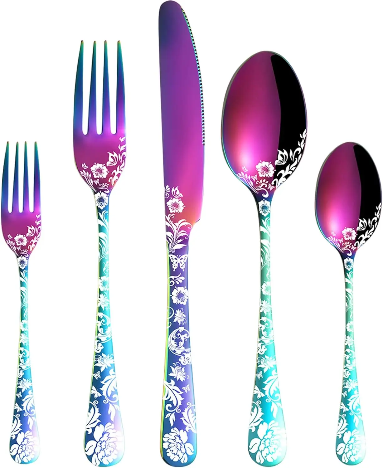 Vilihkc 20 Piece Peony Flower Pattern Design Silverware Set, Stainless Steel Flatware Set Service for 4,Colorful Cutlery Set, Mirror Polished Utensil Set for Kitchen, Dishwasher Safe vilihkc