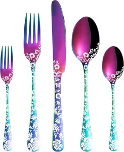 Vilihkc 20 Piece Peony Flower Pattern Design Silverware Set, Stainless Steel Flatware Set Service for 4,Colorful Cutlery Set, Mirror Polished Utensil Set for Kitchen, Dishwasher Safe vilihkc