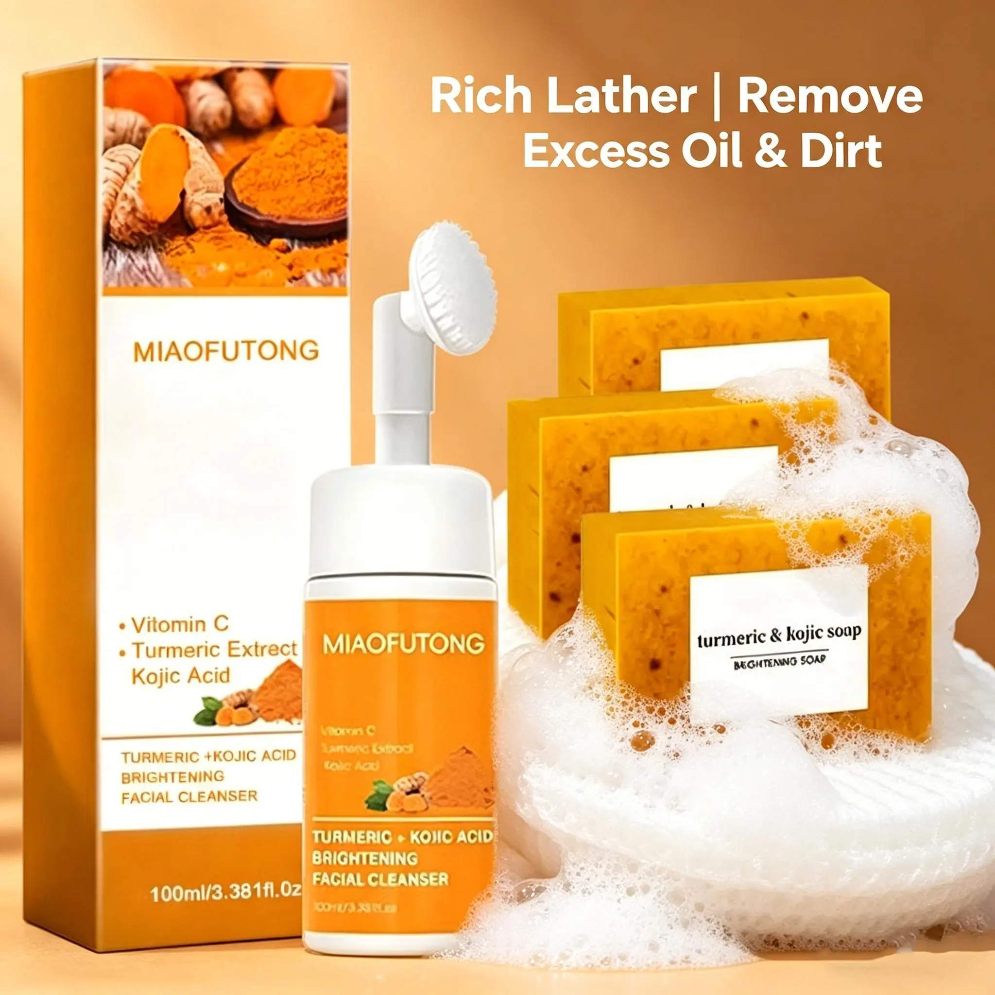 Gentle Botanical 2-Piece Facial Cleansing Set - Turmeric & Kojic Mousse + Soap for Fresh, Bright, Soft Skin, Sensitive Skin Safe Daily Cleanser, Sudsy Cleaning, Skin-Friendly