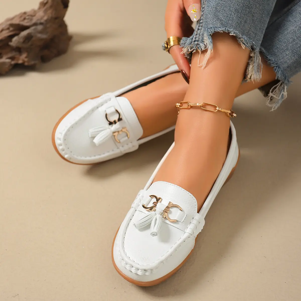 CushHide Women's Chic Quick-Slipon Penny Flat Loafers - Soft Superfine Leather, Lightweight, Tassel & Buckle Design, Round Toe, Breathable, Business Casual Footwear, EU37(US6), EU40(US7.5), Beige/White