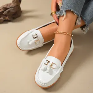 CushHide Women's Slip On Loafers Flats Beige Soft Superfine Leather Lightweight Penny Flats with Tassel & Buckle Business Casual Comfortable Walking Shoes Footwear Girl Design Stylish