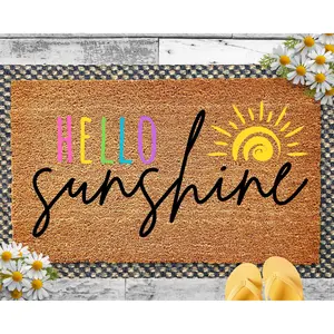 Hello Sunshine Doormat, Summer Decor Outdoor Mat, Rainbow Front Porch Mat, Housewarming Gift, Cute Summer Porch Decor, Realtor Closing Gift