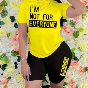 Two piece set of women's letter printed short sleeved T-shirt and tight shorts, summer casual round neck T-shirt and shorts, women's daily clothing, suit, women's clothing, top, fit, set