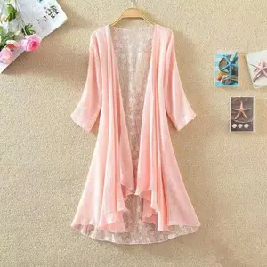 Women Elegant Lace Patchwork Mid Length Coat Breathable Lightweight for Beach Vacation Office Wear