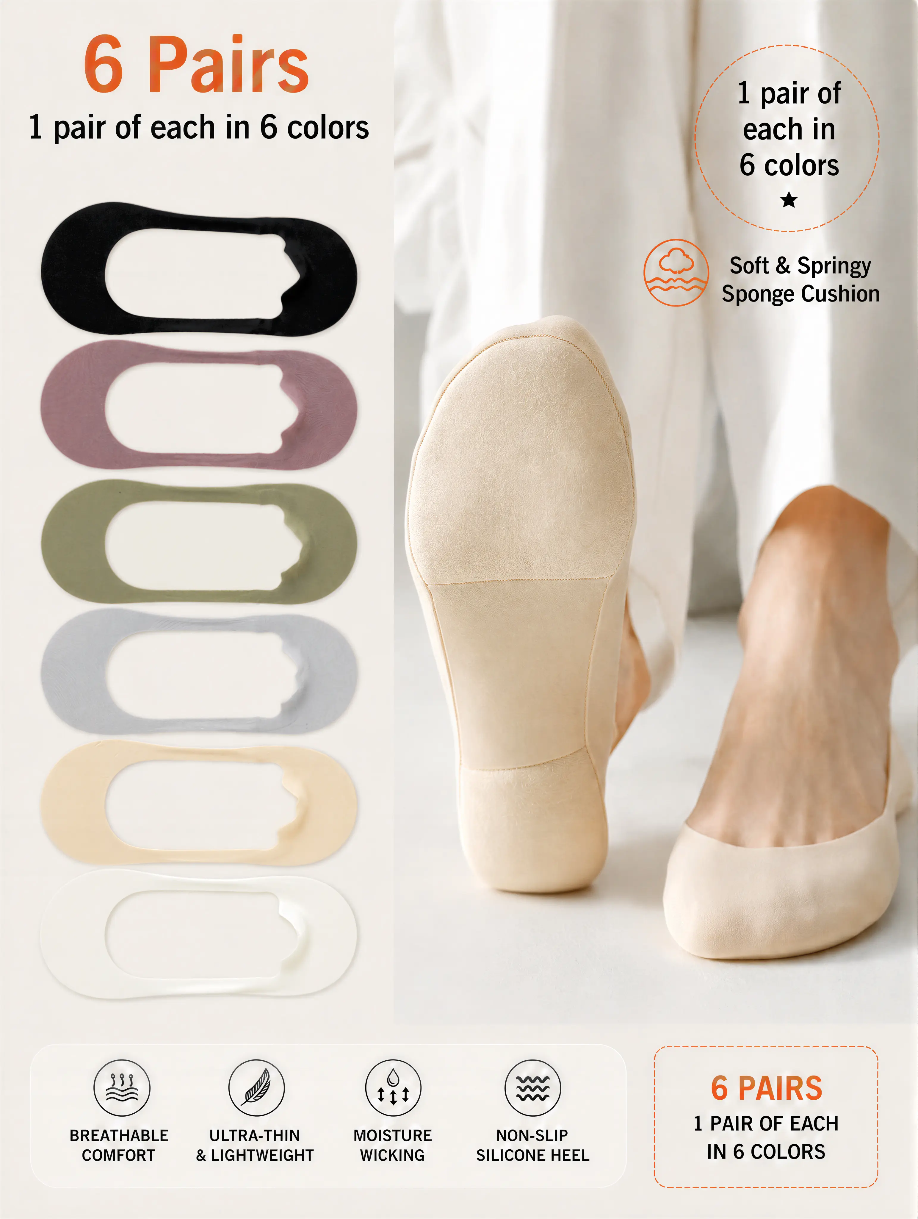 Women's Plain Invisible Low Cut Ankle Sock Pack (6 Pairs) - Summer Ice Silk Fabric, Soft, Breathable, Sponge Sole, Non-Slip, Shock-Absorbent, Sweat-Absorbent, for High Heels & Flats, Ideal for Home Casual Wear & Gifting, Low Cut Socks, Plain Invisible Soc