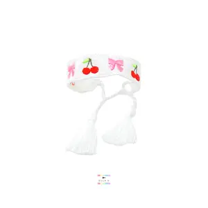Embroidered Cherry & Coquette Bow Woven White Tassel Bracelet / Friendship Bracelet