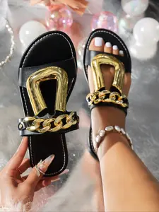 Women's Fashion Chain Decorated Slide Sandals, Casual Open Toe Sandals for Summer, Lightweight Breathable Comfortable Shoes for Daily Wear, Open Toe Slides
