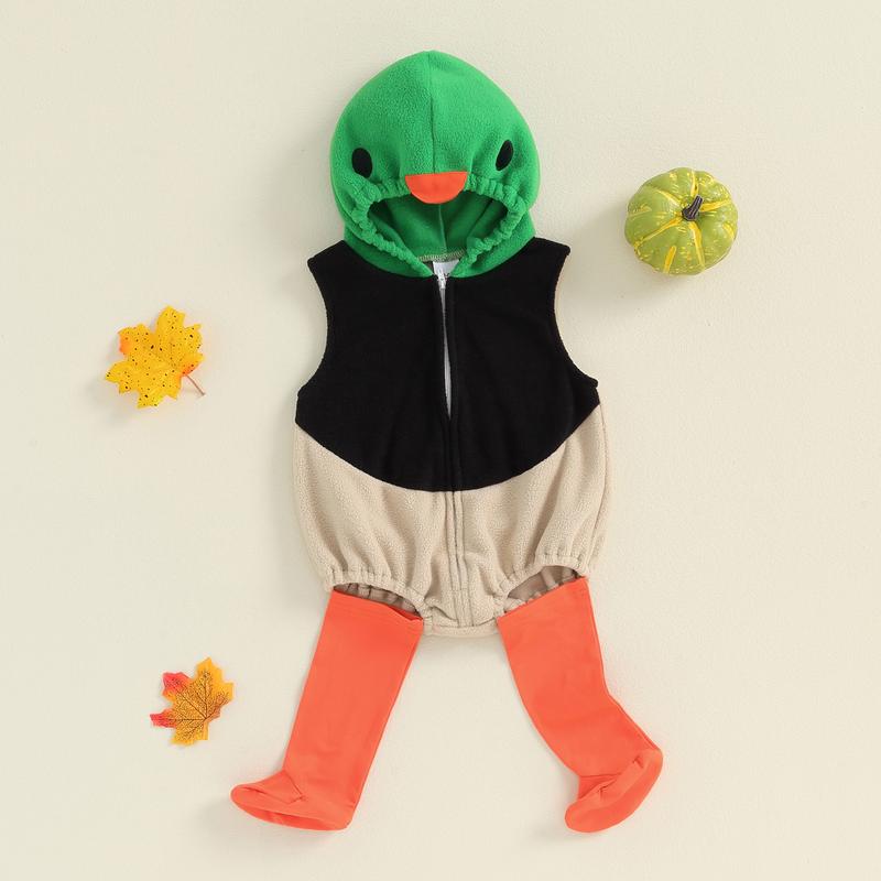 Baby Duck Costume, Sleeveless Hooded Zipper Closure Romper with Leg Warmers Halloween Cosplay Animal Romper Toddler Duck Costume