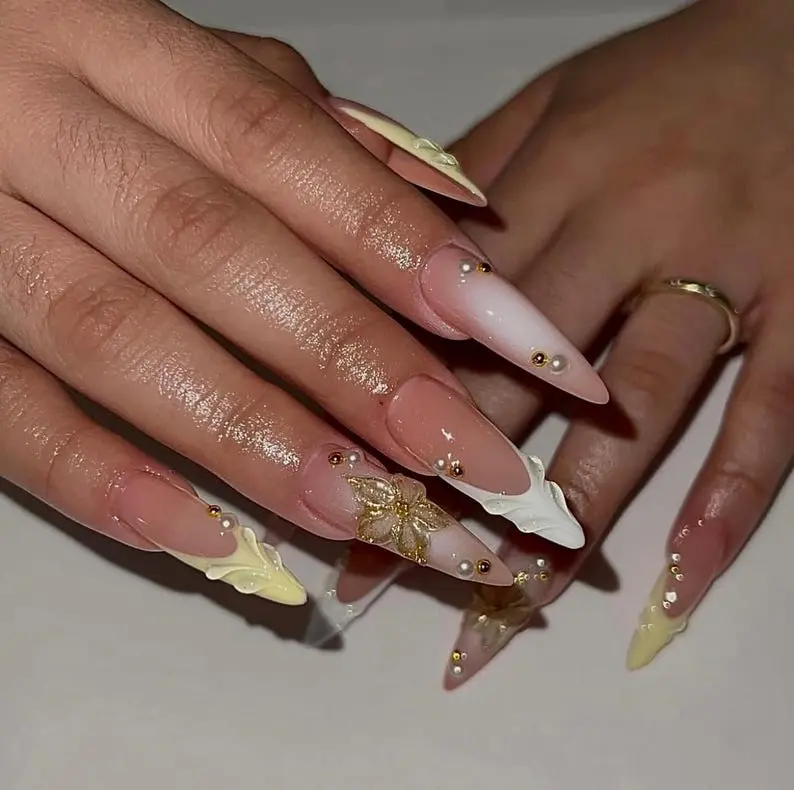 Soft Yellow Petal Press On Nails/Handmade Gel Nails In Long Almond/Glue On Nail/Summer Nails/Birthday Wedding Prom Faux Nails/Gift for Her