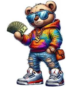 Street Style Bear Ready to Press Heat Transfer DTF Transfer Direct to Film for Cotton Polyester Press Settings 300-320°F 270-290°F Firm Pressure Instructions Included