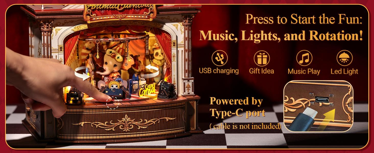 3D Wooden Puzzle Music Box DIY Animal Carnival Theater Kit with LED Light, 413 Pcs Rotating Miniature House Craft Set for Adults, Unique Home Bookshelf Decor, Perfect Birthday & Valentine's Day Gift for Women and Teens