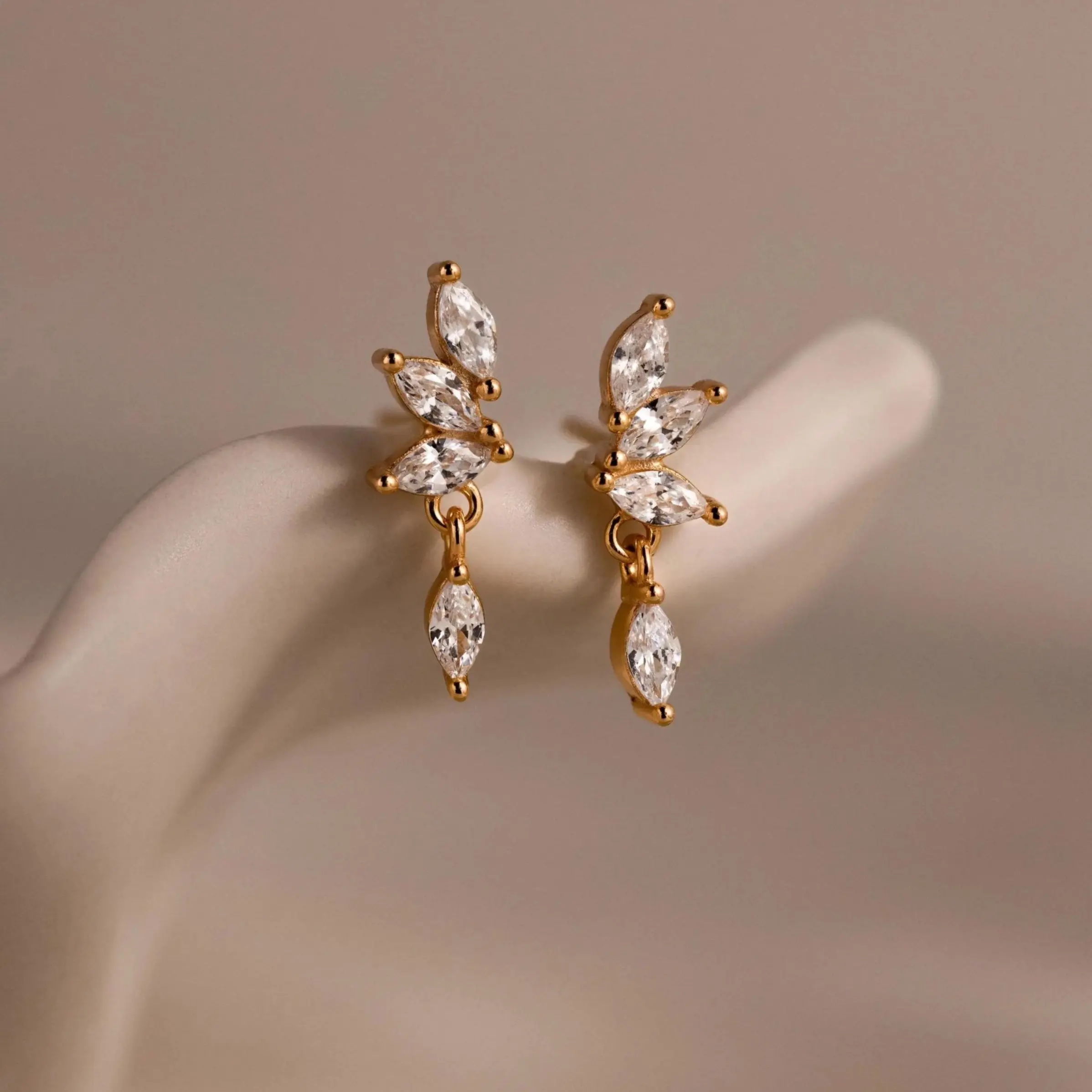 Diamond Marquise Drop Studs by Caitlyn Minimalist - Dainty Floral Dangle Earrings - Diamond Petal Stud Earrings - Wedding Jewelry - Bridal Gift