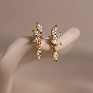 Diamond Marquise Drop Studs by Caitlyn Minimalist - Dainty Floral Dangle Earrings - Diamond Petal Stud Earrings - Wedding Jewelry - Bridal Gift