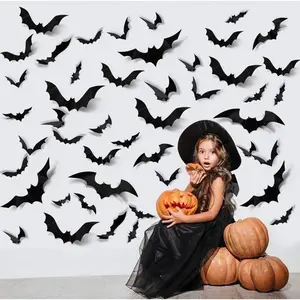 Black Halloween Bat Wall Decal Decor (Set of 12) Spooky Smooth