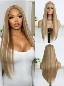 Highlight Blonde Brown Synthetic Lace Front Wig for Women Long Straight Glueless Balayage Platinum Honey Brown13x4 Lace Front Wigs for White Women 28inch