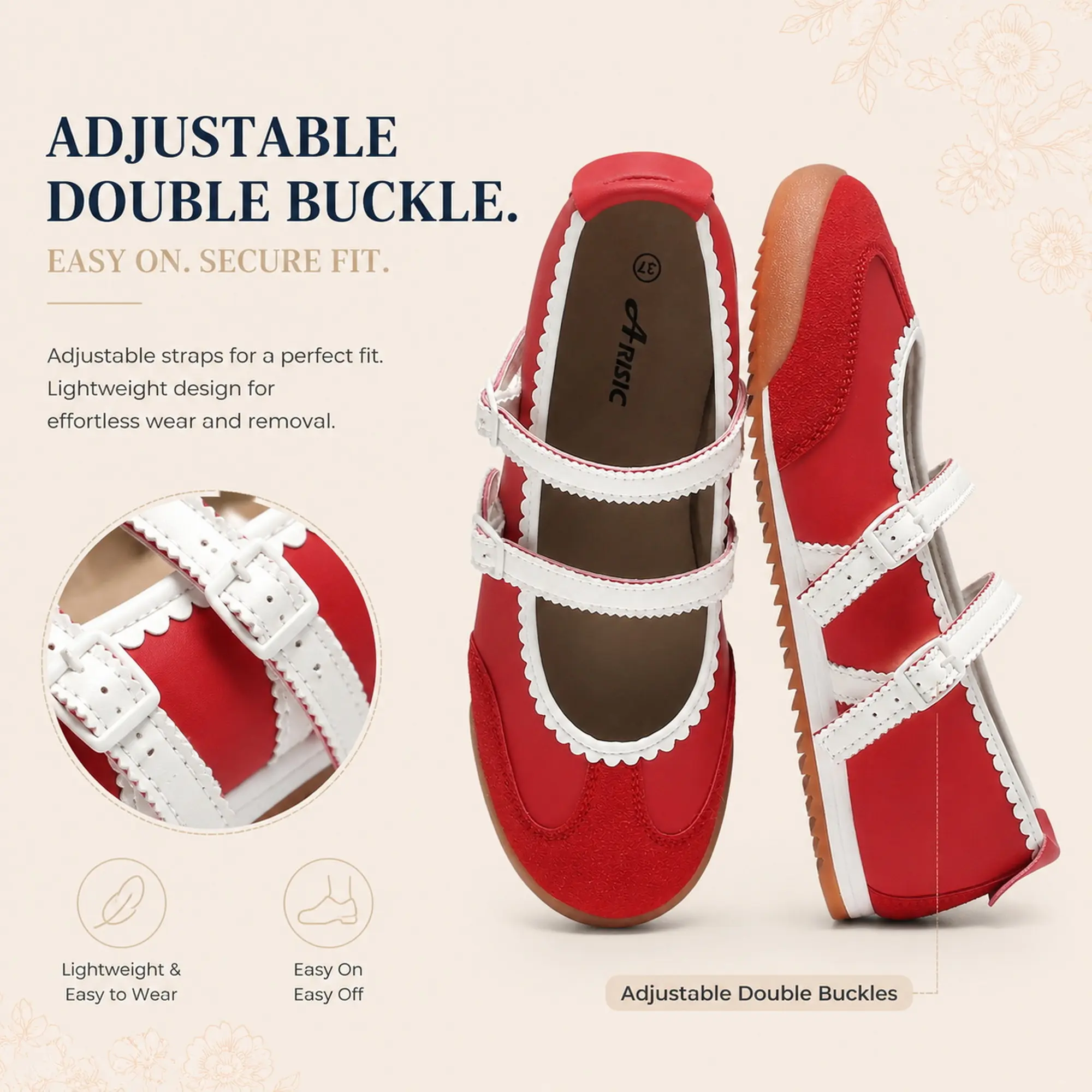 Women's Retro Mary Jane Ballet Flats with Double Buckle Straps, Female Comfortable Round Toe Casual Walking Shoes, All Seasons, Everyday Wear, Rubber Sole