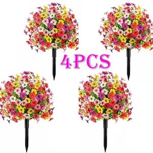 4 pieces of Mother's Day gifts: artificial cypress-shaped ball trees in mixed colors, Artificial Flower Arrangements, adorned with violet flowers and thorns. UV-resistant, 22 inches in height, perfect for outdoor terrace or garden decoration.
