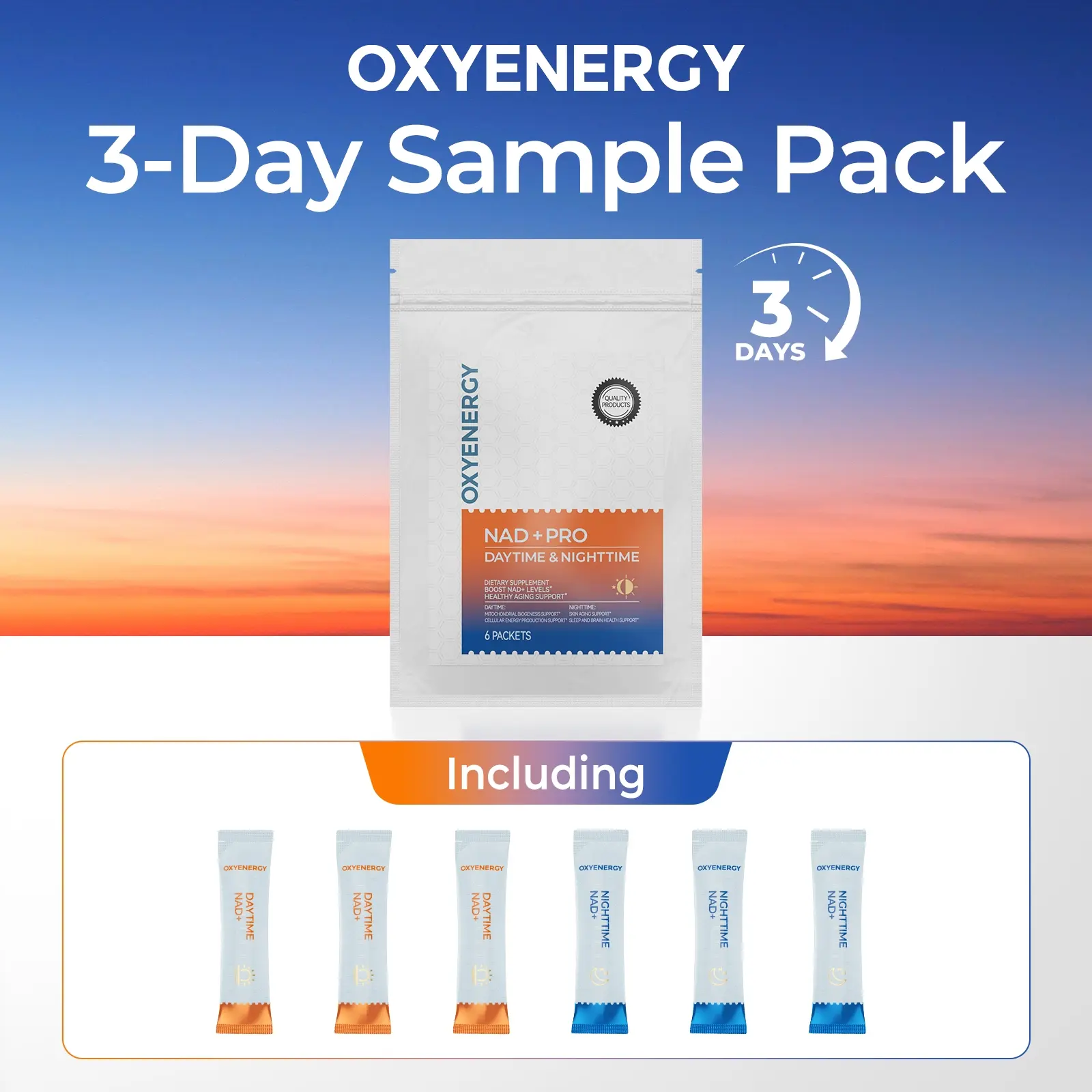 OXYENERGY  3-Day NAD+ PRO 24/7 Anti-Aging –  Day & Night Cellular Activation Powder | NR + PQQ | L-Ergothioneine+Spermidine | Beet Root | Boost Energy, Sleep, Skin, Brain & Longevity，Teasty Natural Orange and Berry Flavor,6 Packets