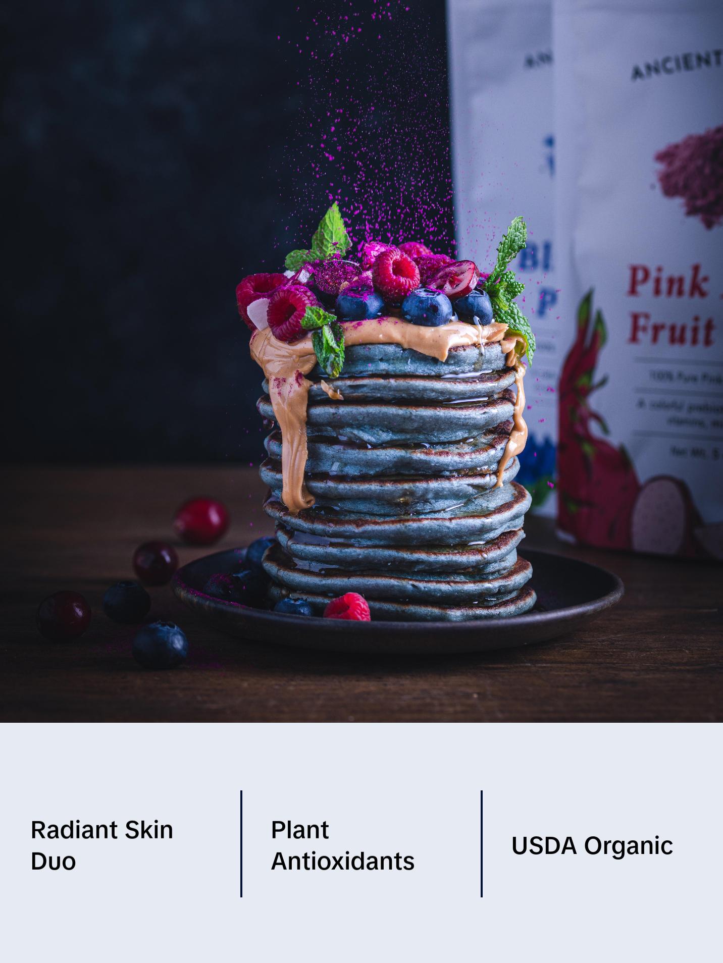 Ancient Choice - Radiant Skin Duo - 2-Pack Bundle | Butterfly Pea Flower Powder, 4oz. and Dragon Fruit Powder, 4oz. | USDA Organic, Non-GMO, Gluten-Free, Vegan | No preservatives, No added sugar | Natural Food Coloring