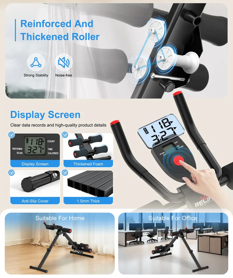 RELIFESPORTS Foldable Ab Machine - Unisex Solid Steel Workout Equipment, Indoor Fitness Gear, Muscle Exercise Equipment, Adjustable Frame, LCD Real-Time Display, Resistance Bands, Silent Smooth Operation, Portable Exercise Gear for Home Use
