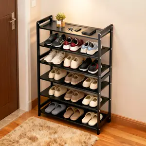 [Bellemave]6-layer flat bamboo shoe rack, 68*25*89cm, black
