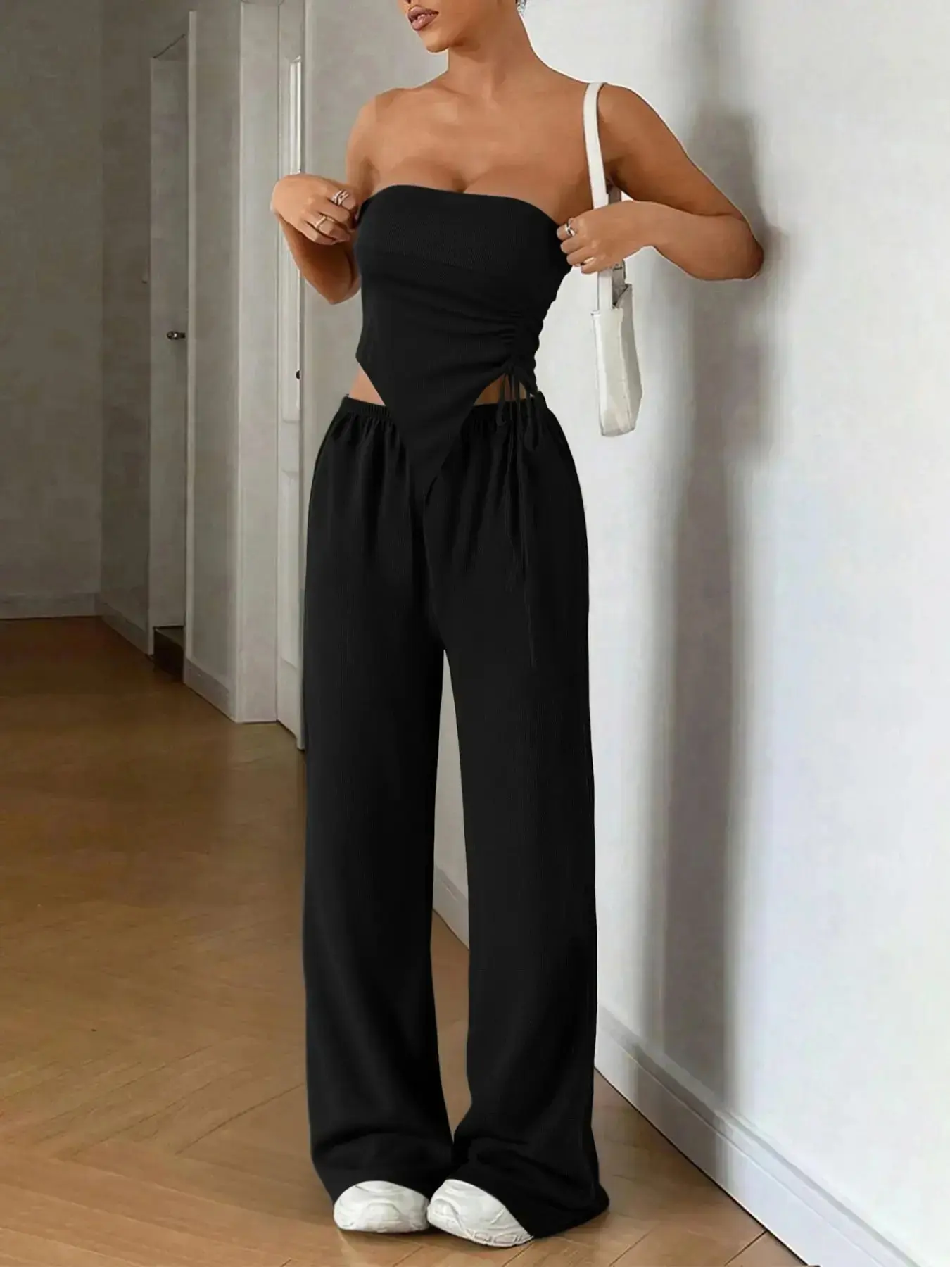 Women's Adjustable Solid Slim Knit Drawstring Tie Front Top & Wide Leg Pants Two-piece Set Outfit, Womenswear Casual Fashion Cozy Top & Trousers for Daily Outdoor Wear, Ladies Summer Clothes