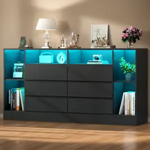 Loomie 6 Drawers Dresser with 6 Open Storage Cubbies, LED Dressers & Chests of Drawers with Power Outlet, 55" Wide Long Dresser for Bedroom, Modern storage cabinet with Open Shelf living room