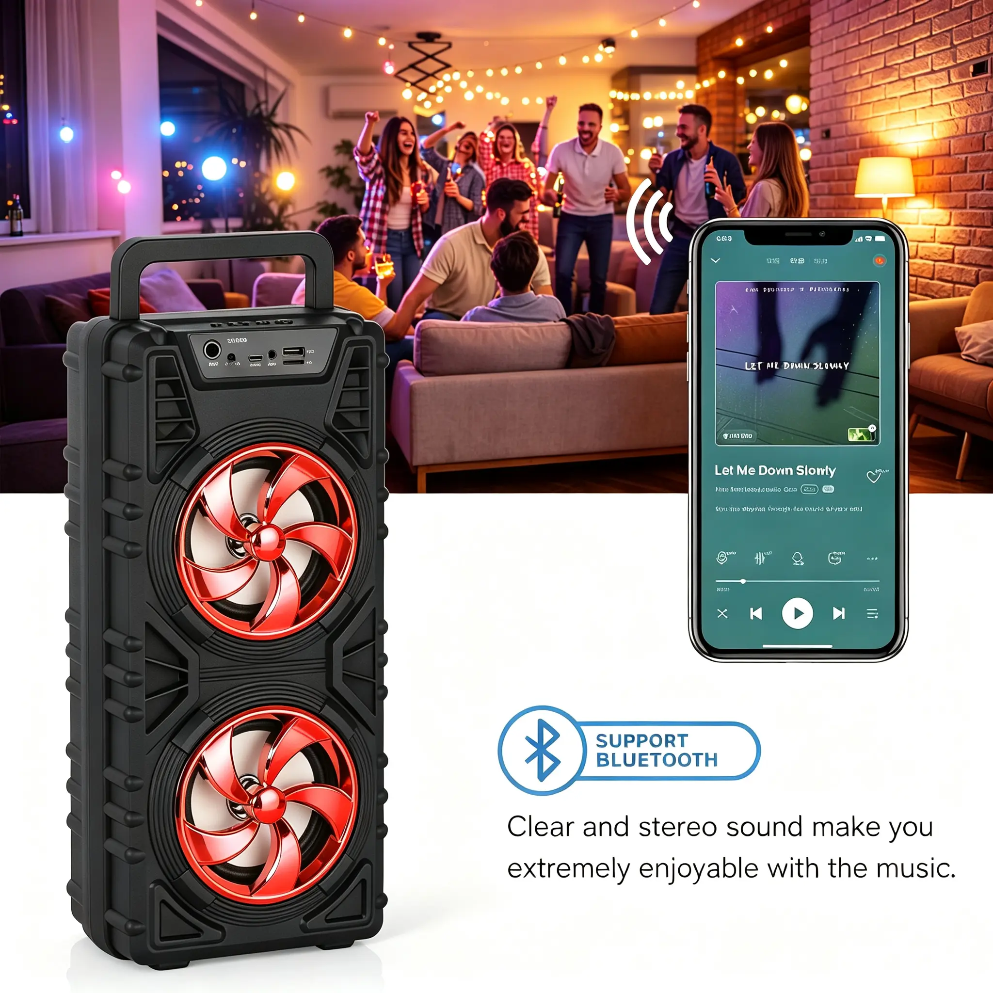 Portable Bluetooth Speaker with Carry Handle, Wired Microphone - Dual 4-inch Stereo Boombox for Smartphones, Tablets, USB, TF Card, AUX Input - Rechargeable Karaoke Player, Festive Party Gift for Anniversary Celebrations