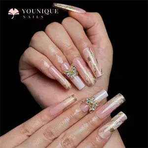 Younique Nails - Machine-Made Long Coffin Press-On Nails with Butterfly & Gold Foil Designs | Eco-Friendly ABS Material | 24pcs Glossy Gradient Glitter Artificial Nails for Women Reusable Long-Lasting acrylic lovers stylish office wear tiktokshopspringglo