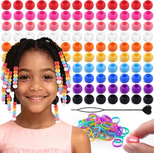 120Pcs 14mm Large Silicone Beads for Hair Braids, Soft Jellyish Hair Beads with 7mm Hole + 50 Rubber Bands and 1 Beader for Braiding, DIY Bracelets Necklaces Crafts
